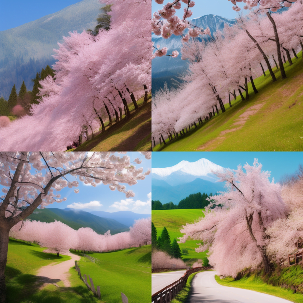 生成例　Prompt : Cherry blossom trees in the mountains in spring