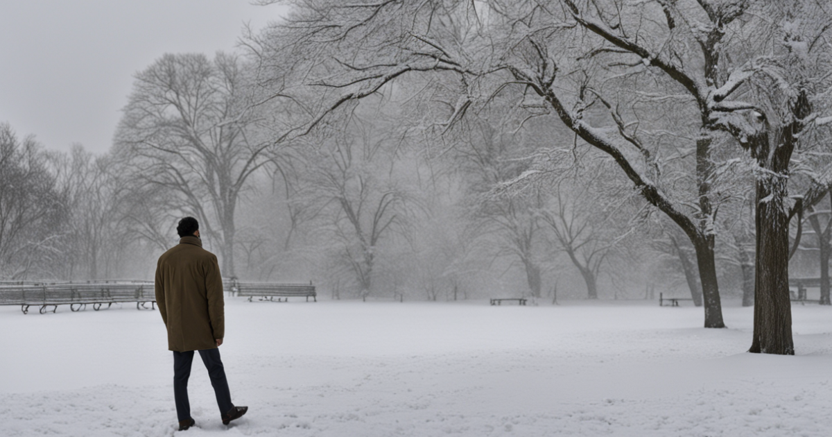 A man shrugs his head as he walks to the other side of a park covered in snow.